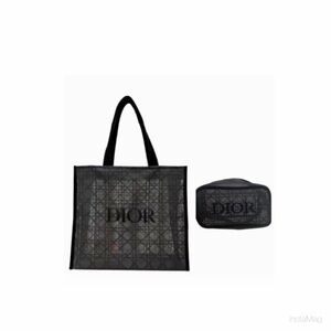 NEW Dior Black Mesh Canage Tote Bag & Pouch Case Clutch Set